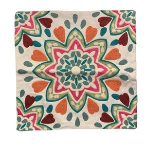 Colorful Heart Mandala Print Embroidered Accent Pillow Cover Zip a Closure Boho